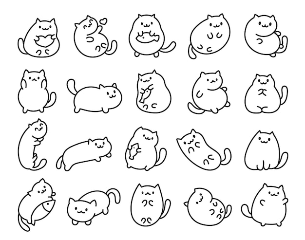 Cute kawaii little cat Coloring Page Cartoon funny kitty animals character Hand drawn style