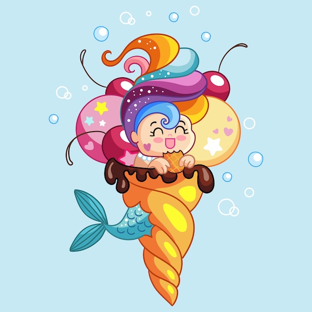 Cute kawaii mermaid in the ice cream vector cartoon illustration