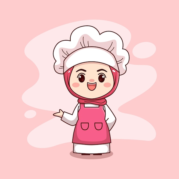 Cute and kawaii muslim female chef wearing hijab cartoon manga chibi vector character design