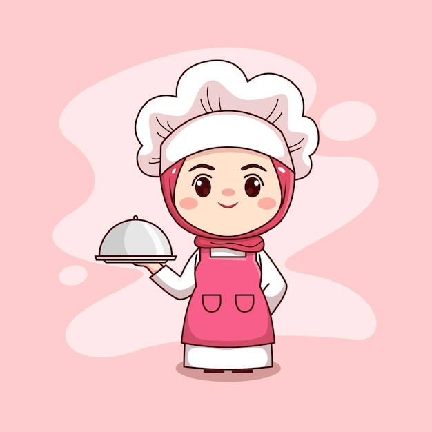 Cute and kawaii muslim female chef wearing hijab cartoon manga chibi vector character design