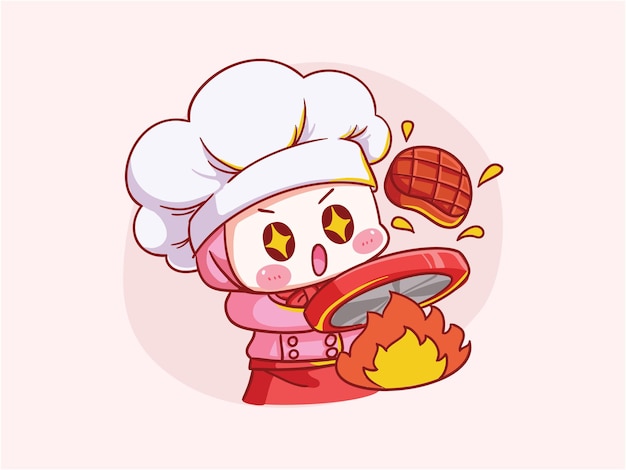 Cute and kawaii muslim female chef wearing Hijab cook meat Manga Chibi