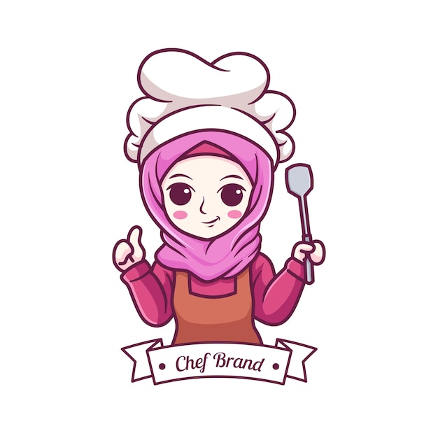 Cute and kawaii muslim female chef wearing Hijab Manga Chibi Illustration