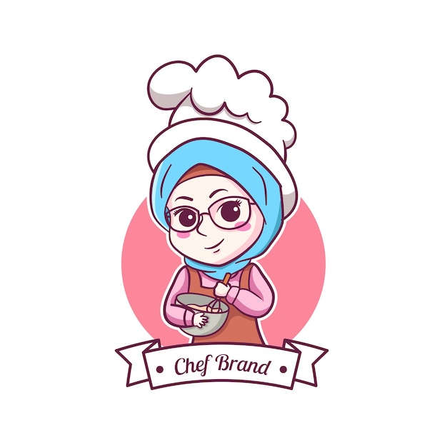 Cute and kawaii muslim female chef wearing Hijab Manga Chibi Illustration