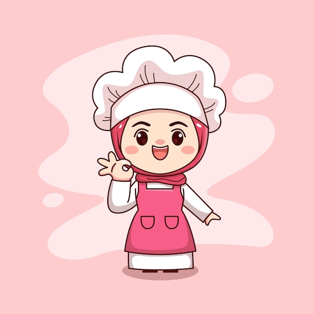 Cute and kawaii muslim female chef wearing hijab with delicious sign cartoon chibi character