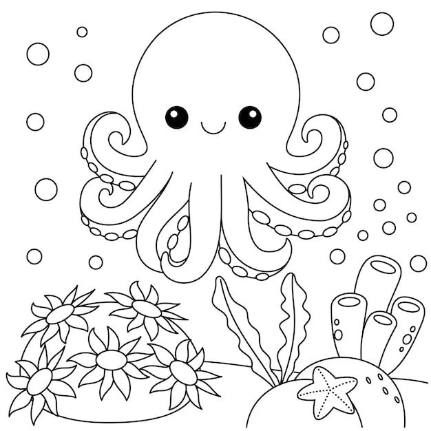 Vector cute kawaii octopus cartoon character coloring page vector illustration