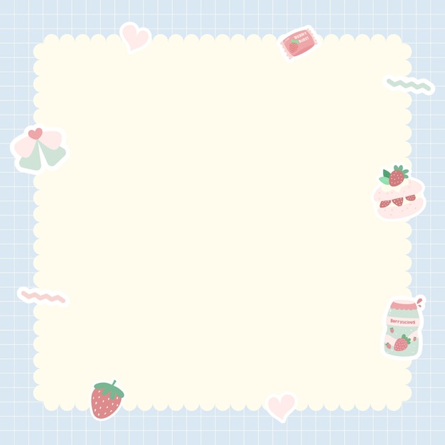 Cute kawaii pastel notebook and memo pad grid background with kawaii stickers