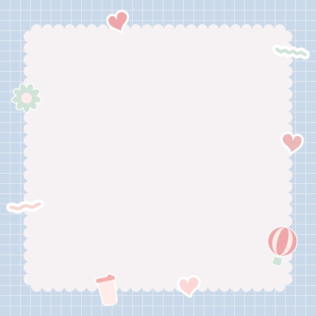 Cute kawaii pastel notebook and memo pad grid background with kawaii stickers