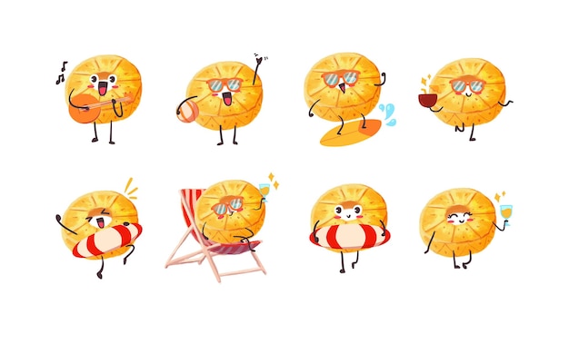 Cute and Kawaii pineapple Sticker Illustration Set With Various Activity and Expression for mascot