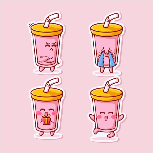 Cute and Kawaii Pink milkshake Sticker Set With Various Activity and Expression 