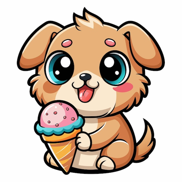 a cute kawaii puppy eating an ice cream cone with clean black outlines white background