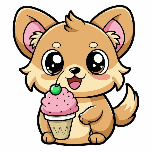 Vector a cute kawaii puppy eating an ice cream cone with clean black outlines white background