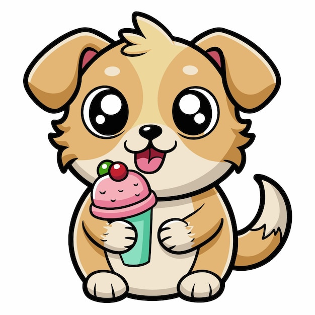 a cute kawaii puppy eating an ice cream cone with clean black outlines white background