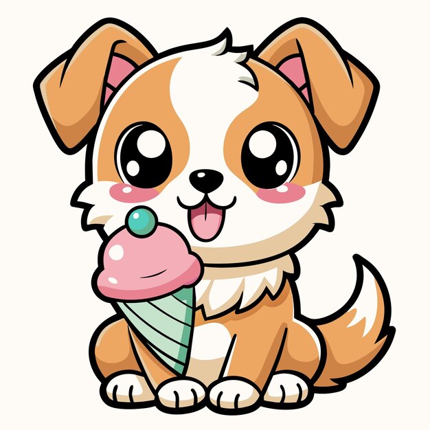 Vector a cute kawaii puppy eating an ice cream cone with clean black outlines white background