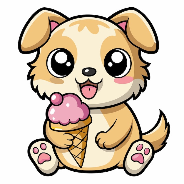 Vector a cute kawaii puppy eating an ice cream cone with clean black outlines white background