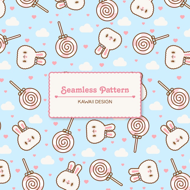 Cute kawaii rabbits and lolly pops transparent seamless pattern