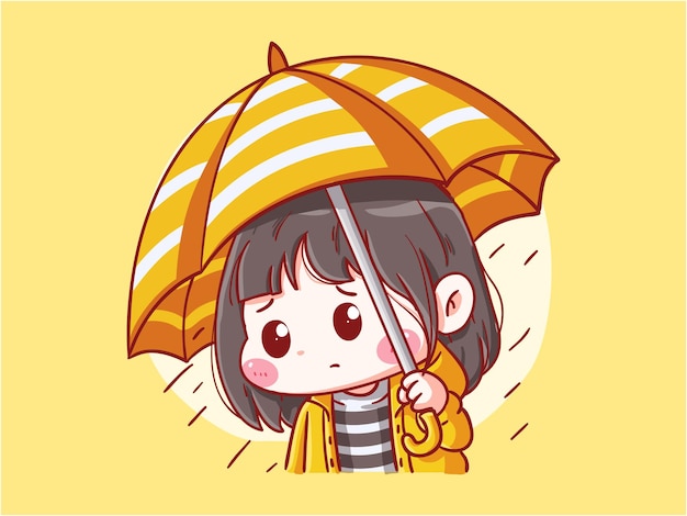 Cute and kawaii Sad Girl Standing Under The Umbrella on Rainy Day Manga Chibi Illustration