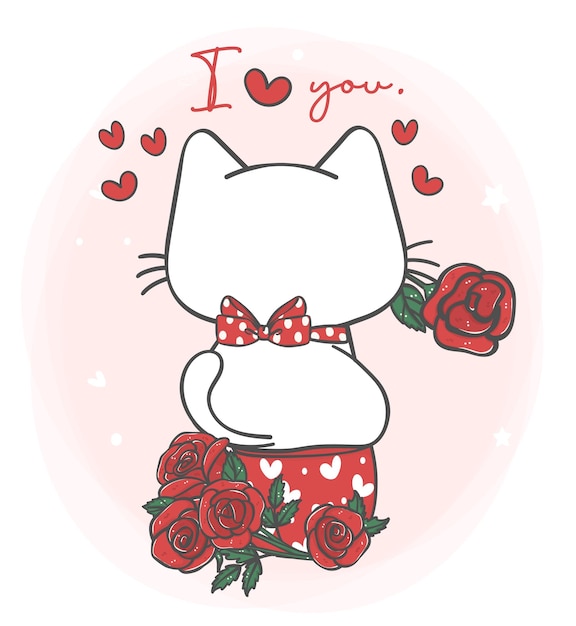 Cute kawaii shy white cat sitting on red roses flowers mug for you pet animal cartoon character hand drawing illustration vector