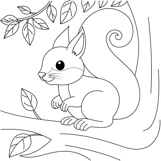 Cute Kawaii Squirrel is Standing on The Branch Tree Cartoon Character Coloring Page