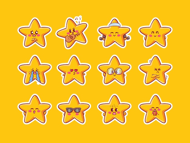 Cute Kawaii  Stars Character Sticker Illustration With Various Happy Expression Activity for mascot