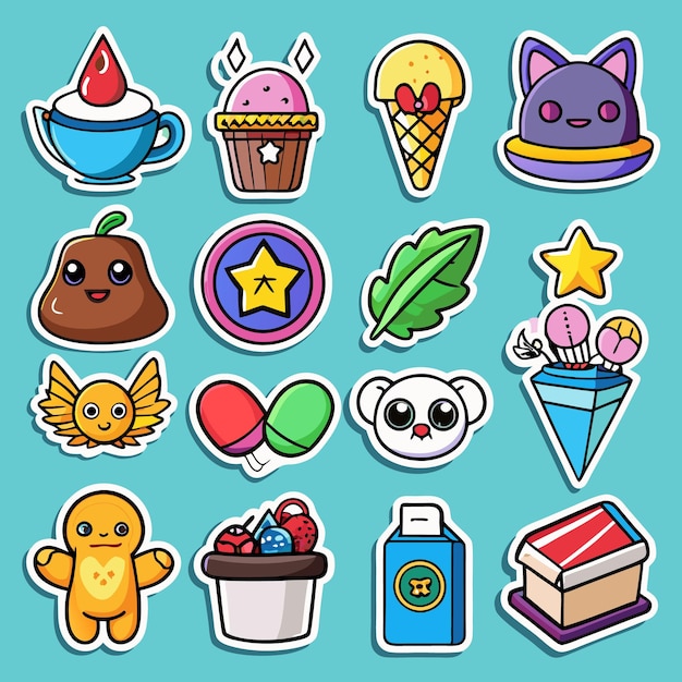 Vector cute kawaii stickers adorable characters food objects