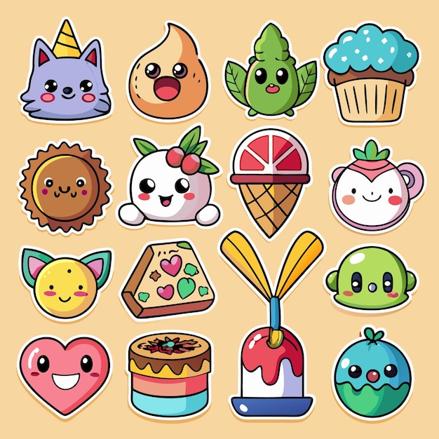 Vector cute kawaii stickers adorable characters yummy treats and fun designs