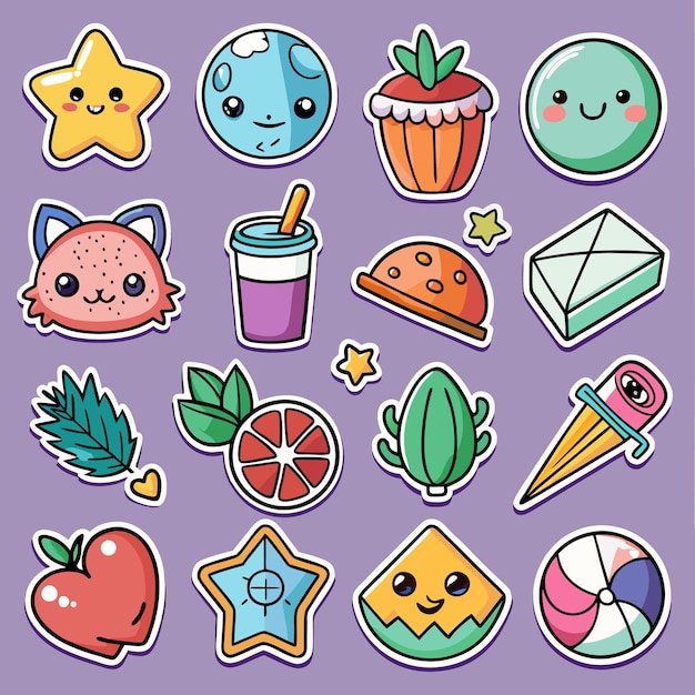 Cute Kawaii Stickers with Adorable Characters and Objects