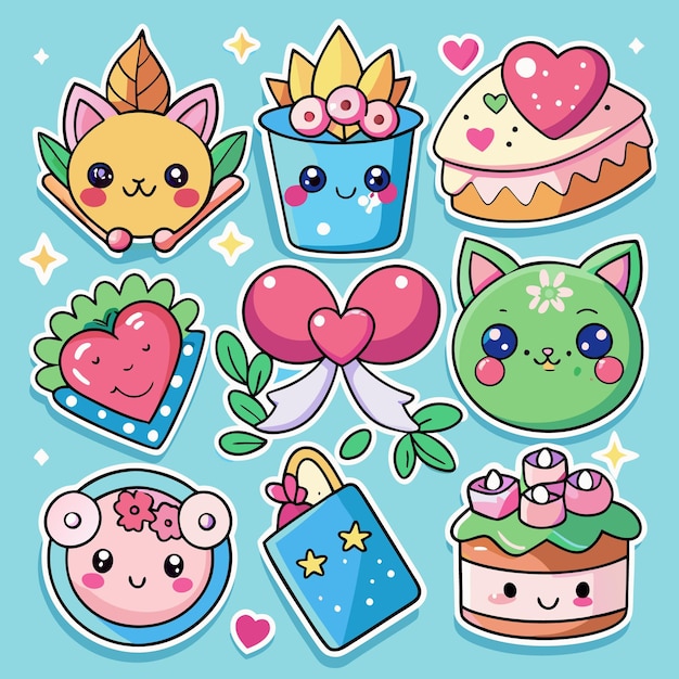 Vector cute kawaii stickers with happy faces