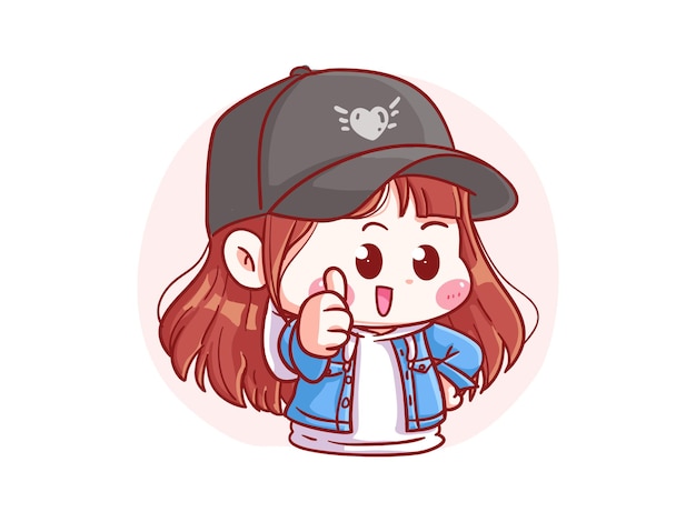 Cute and kawaii Stylish Girl Give Thumb Up Sign manga chibi Illustration