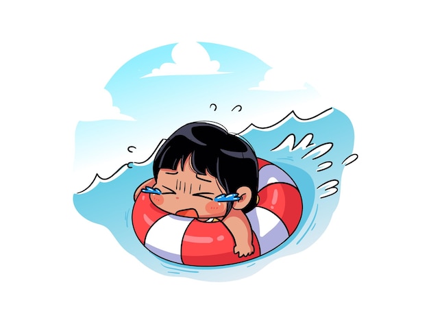 Cute and kawaii Summer Girl is carried away by the current on the buoy and dont know how to swim Chibi