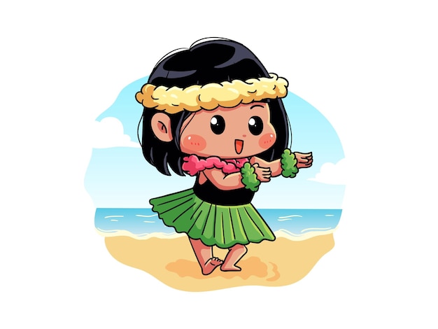 Cute and kawaii Summer Girl is doing hula dance with flower on her head Chibi