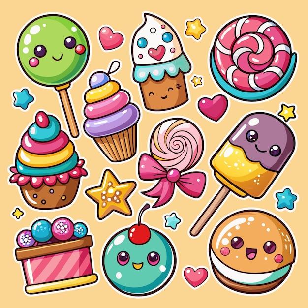 Vector cute kawaii sweet treats candy cake and ice cream