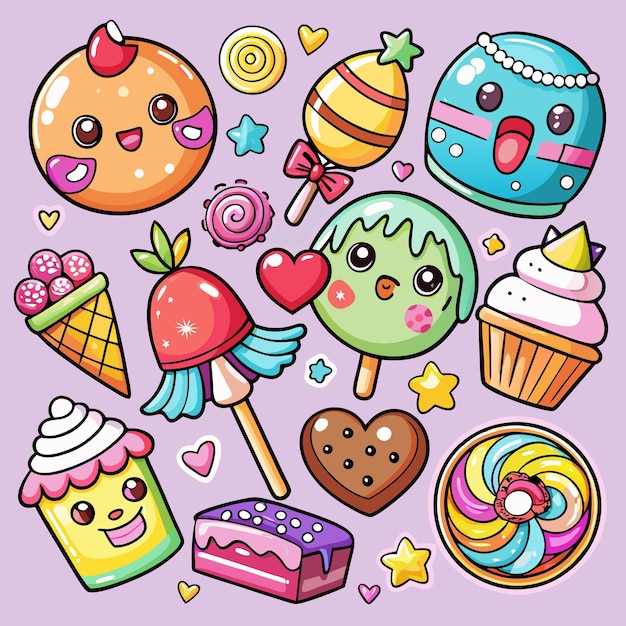 Vector cute kawaii sweets adorable candy cake and treats