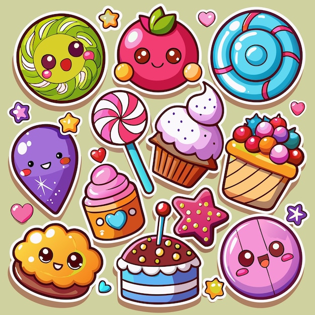 Cute Kawaii Sweets Stickers Candy Cake Cupcake Lollipop Dessert Cartoon Illustration Kawaii Food Sweet Treat