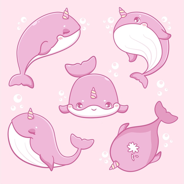 Cute kawaii whales set sea animals cartoon