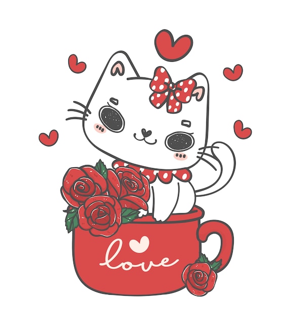 Cute kawaii white cat with roses flowers in red mug love you pet animal cartoon character hand drawing illustration vector