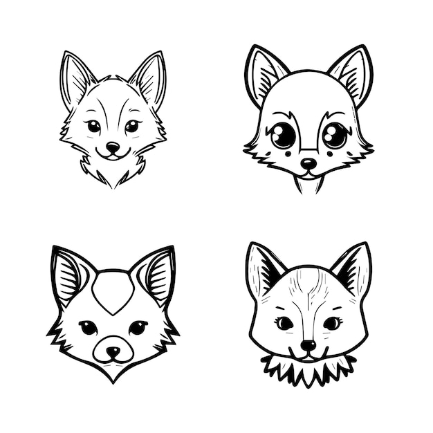 cute kawaii wolf collection set hand drawn line art illustration