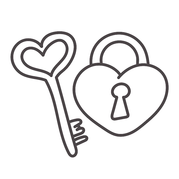 Cute key and lock. Heart shaped padlock with funny keys on a white background. Sticker, icon, design element with valentines day.