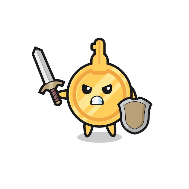 Cute key soldier fighting with sword and shield , cute design