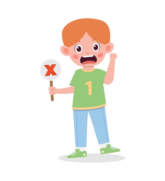 cute kid boy carrying wrong sign cartoon illustration