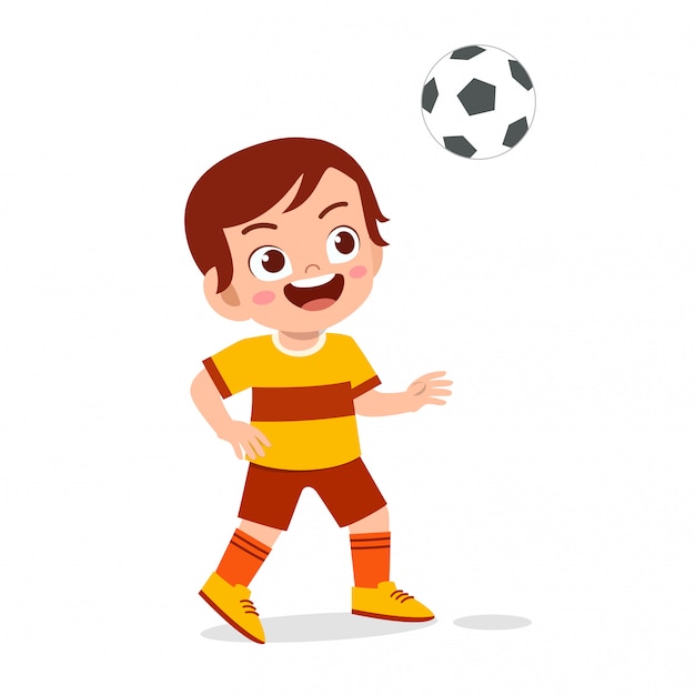 Cute kid boy play soccer as striker illustration