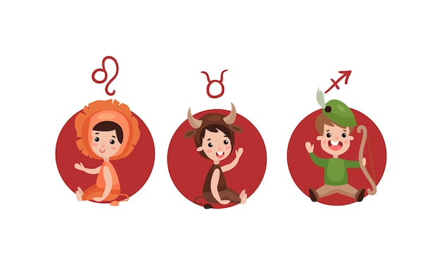 Cute kid characters depicting zodiac sign or astrological sign vector illustration set