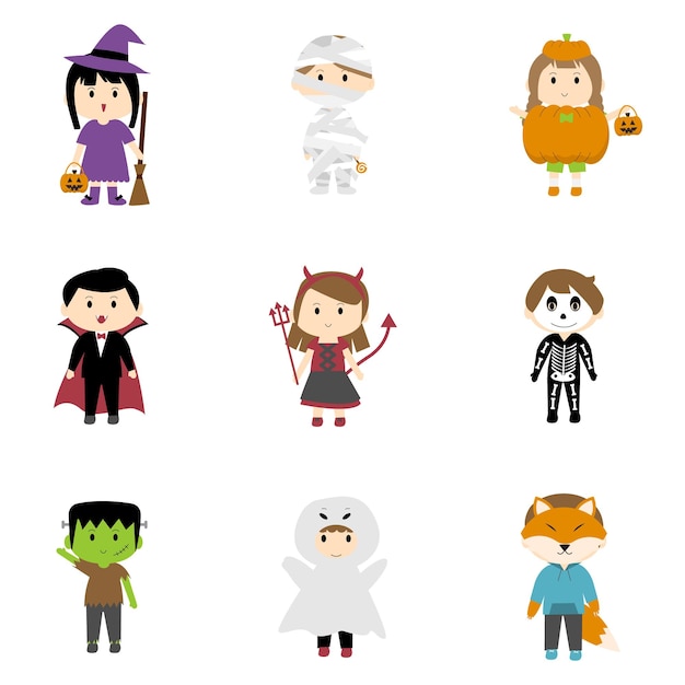 cute kid clipart element of boys and girls wearing Halloween costume for Halloween day