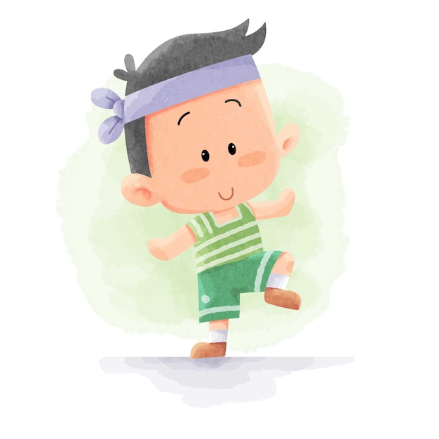 Cute  Kid doing Sport Gym Fitness Yoga Activity With stretching. Watercolor Cartoon Illustration