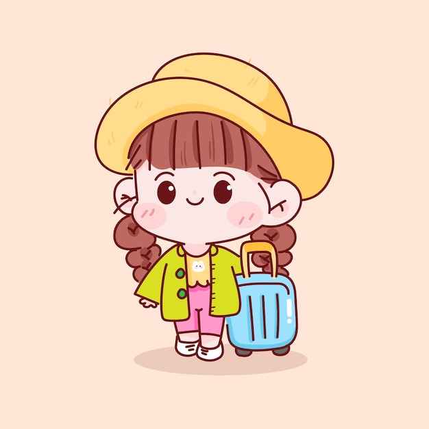 Cute kid girl with luggage hand drawn cartoon character illustration