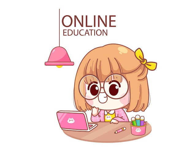 Cute kid Happy Studying online with computer laptop cartoon illustration