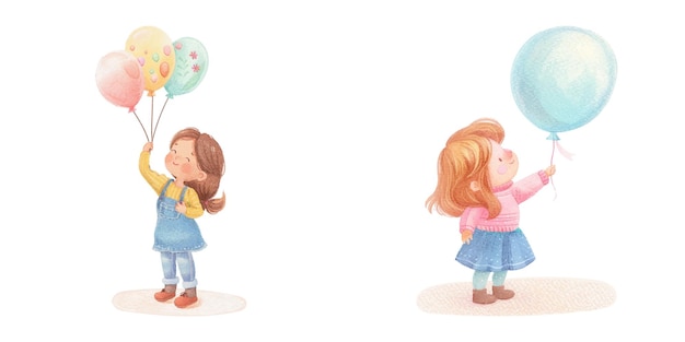 cute kid holding balloon watercolour vector illustration 8