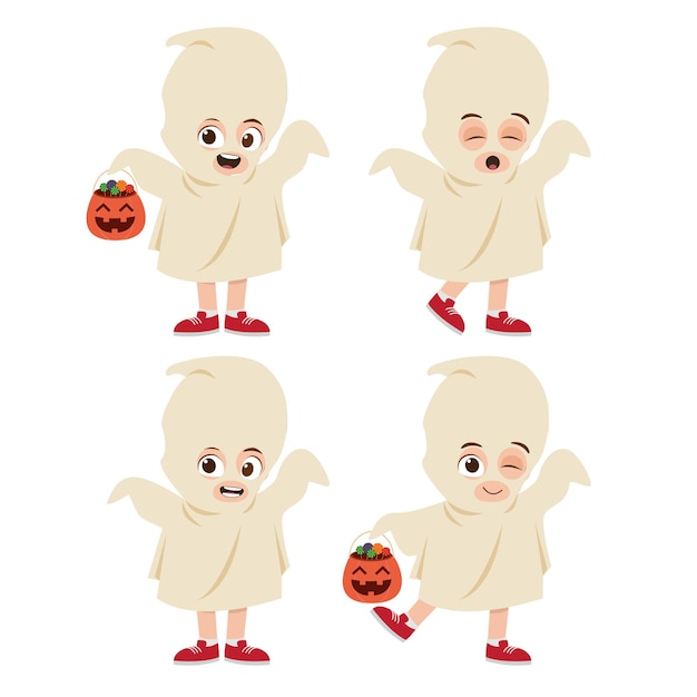 Cute Kid Wearing Ghost Costume for Halloween Vector Illustration