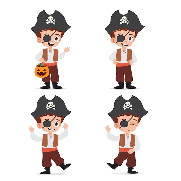 Cute Kid Wearing Pirate Costume for Halloween Vector Illustration