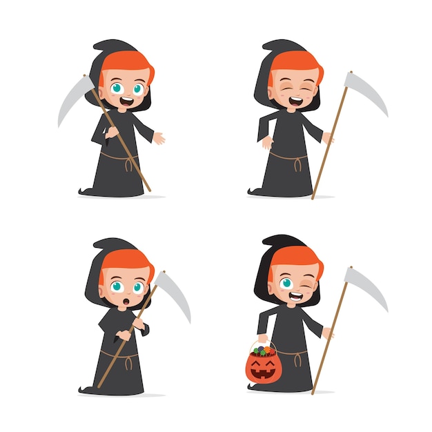 Cute Kid Wearing Reaper Costume for Halloween Vector Illustration