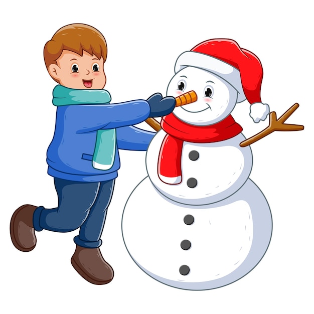 Cute Kid With Snowman in Winter. Vector Cartoon Illustration